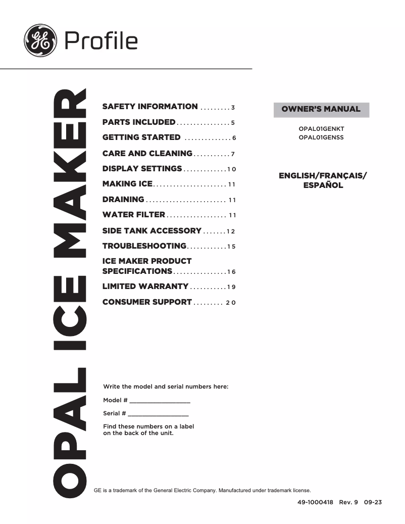 Page 1 de la notice Manuel utilisateur GE Profile OPAL01GENKT