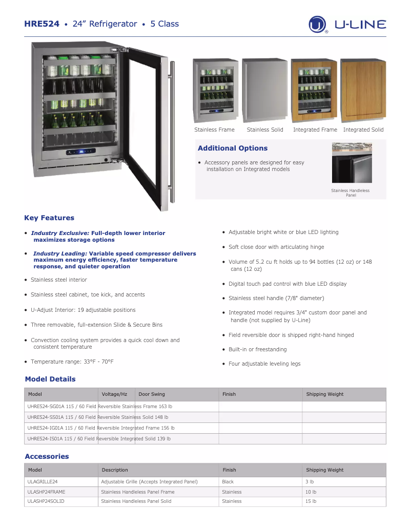 Page 1 de la notice Fiche technique U-Line UHRE524-SG01A