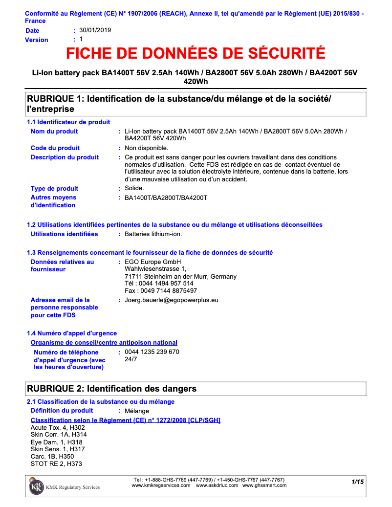 Page 1 de la notice Instructions de sécurité EGO BA1400T