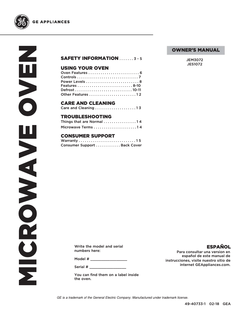 Page n°1 - Manuel utilisateur GE JES1657DMBB
