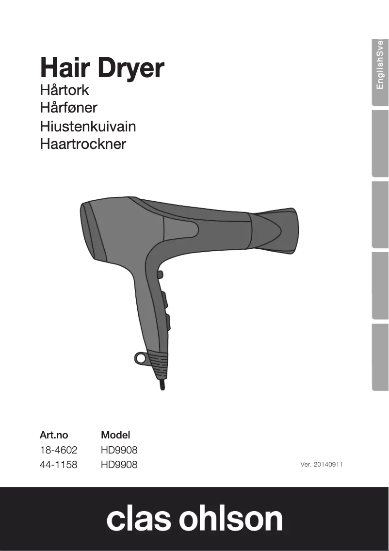 Page 1 de la notice Manuel utilisateur Clas Ohlson HD9908