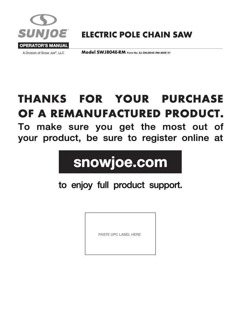 Page 1 de la notice Manuel utilisateur Sun Joe SWJ804E-RM