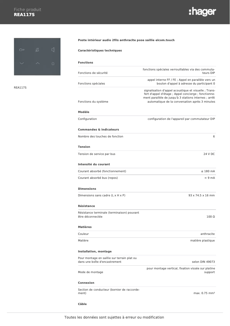 Page n°1 - Fiche technique Elcom REA117S