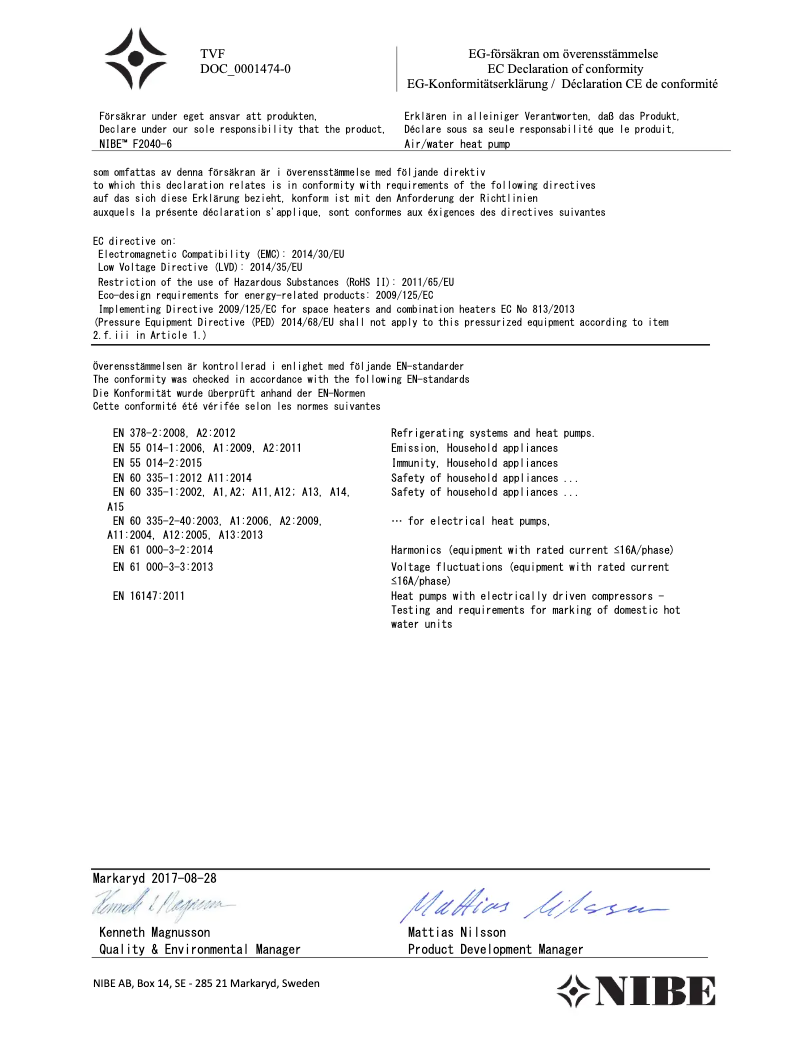 Page 1 de la notice Manuel utilisateur Nibe F2040-16