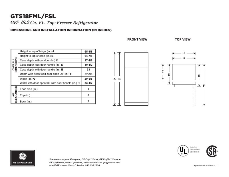 Page 1 de la notice Fiche technique GE GTS18FMLES