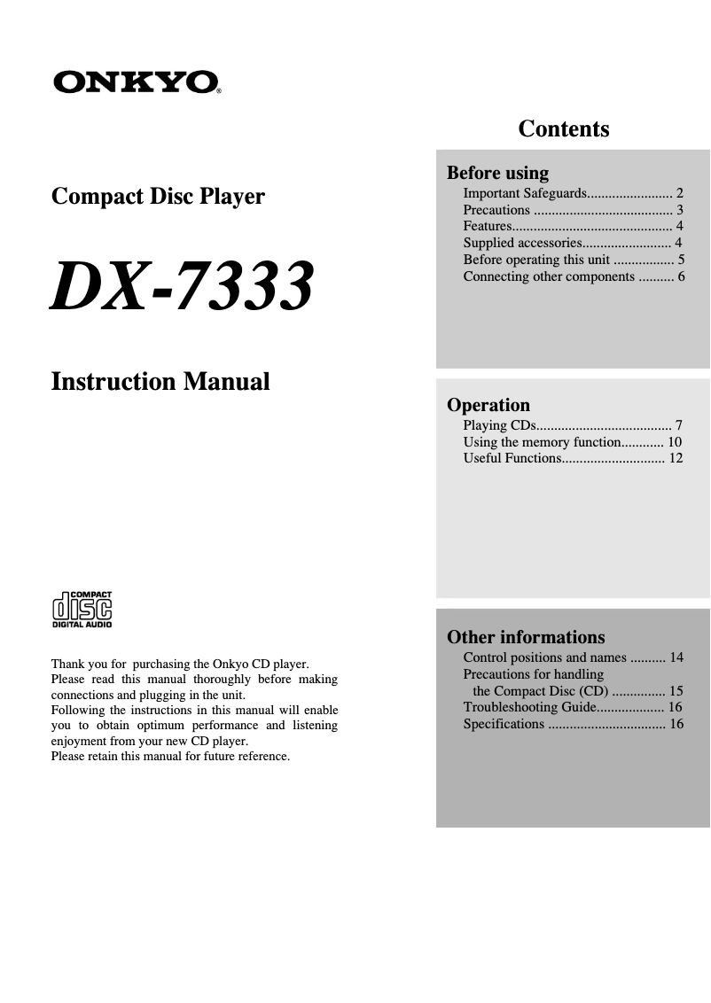 Page 1 de la notice Manuel utilisateur Onkyo DX-7333