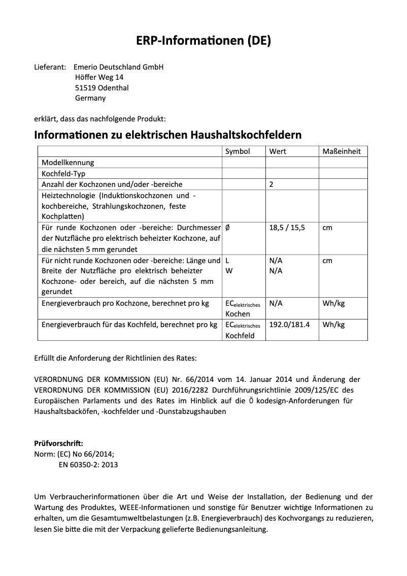 Page 1 de la notice Fiche technique Emerio HP-121242.2