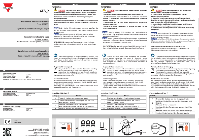 Page 1 de la notice Manuel utilisateur Carlo Gavazzi CTA-5X