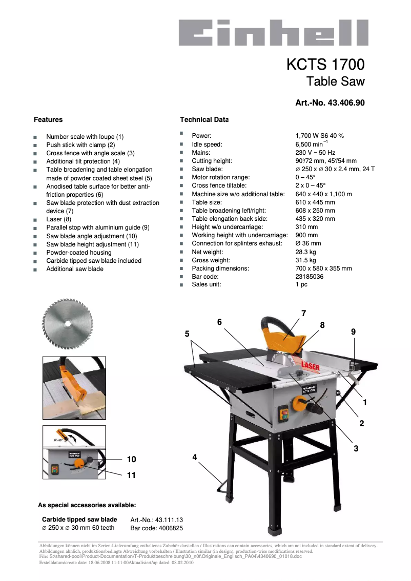 Page 1 de la notice Manuel utilisateur King Craft KCTS 1700