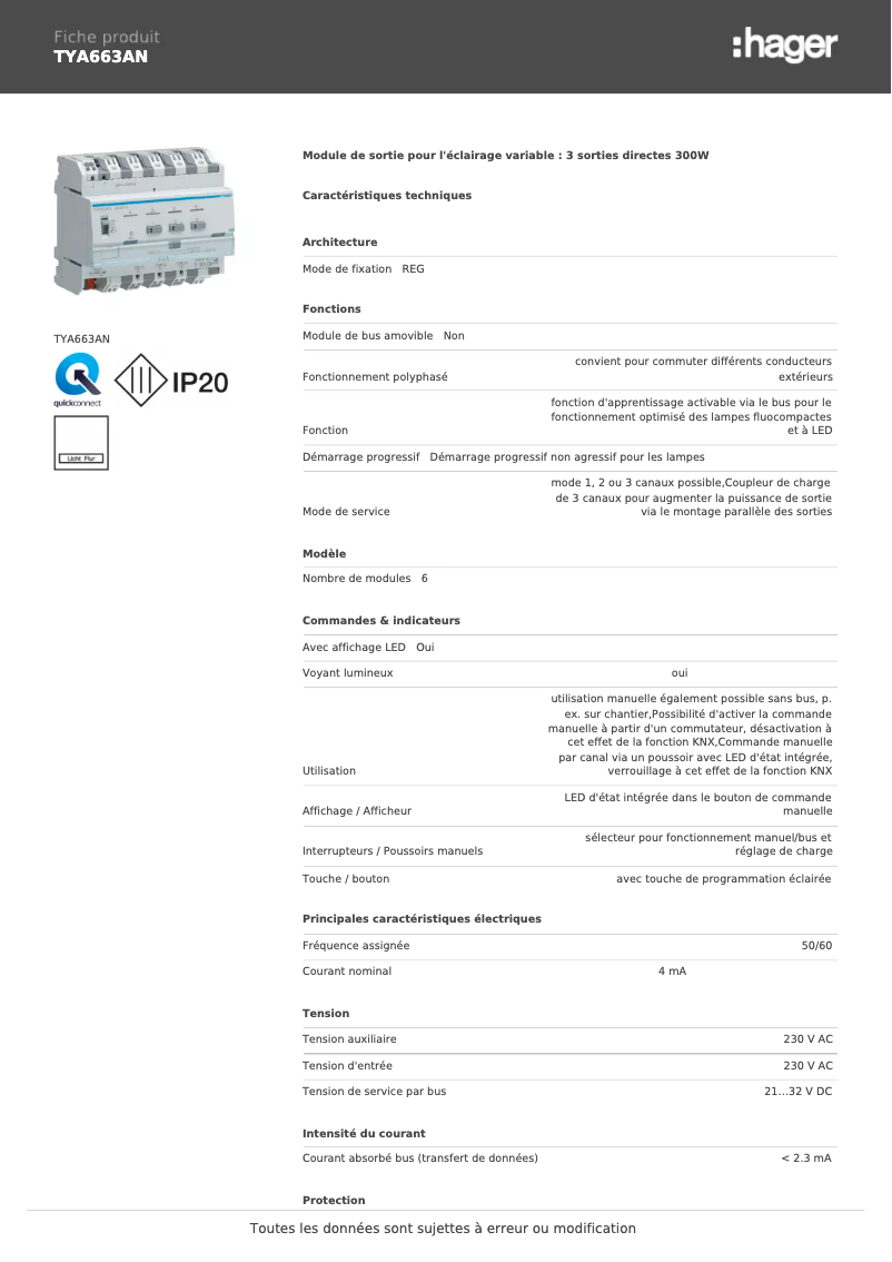 Page n°1 - Fiche technique Hager TYA663AN