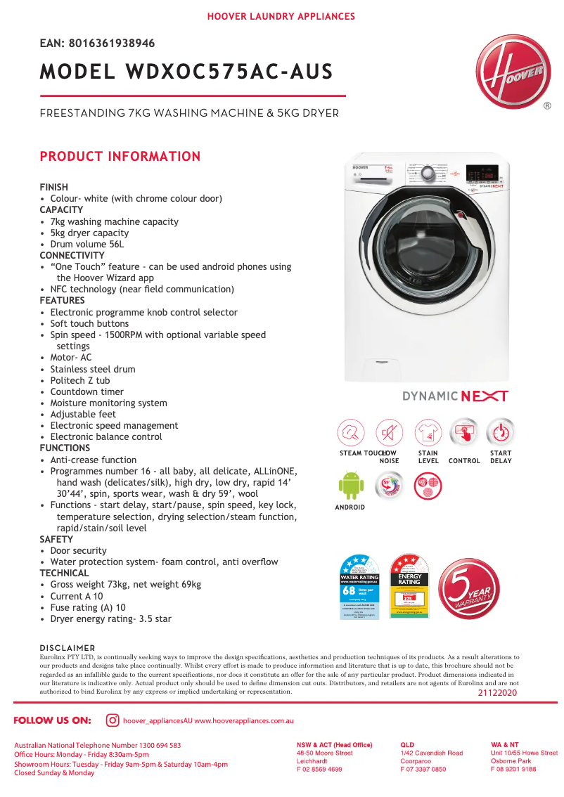 Page n°1 - Fiche technique Hoover WDXOC 575AC-AUS