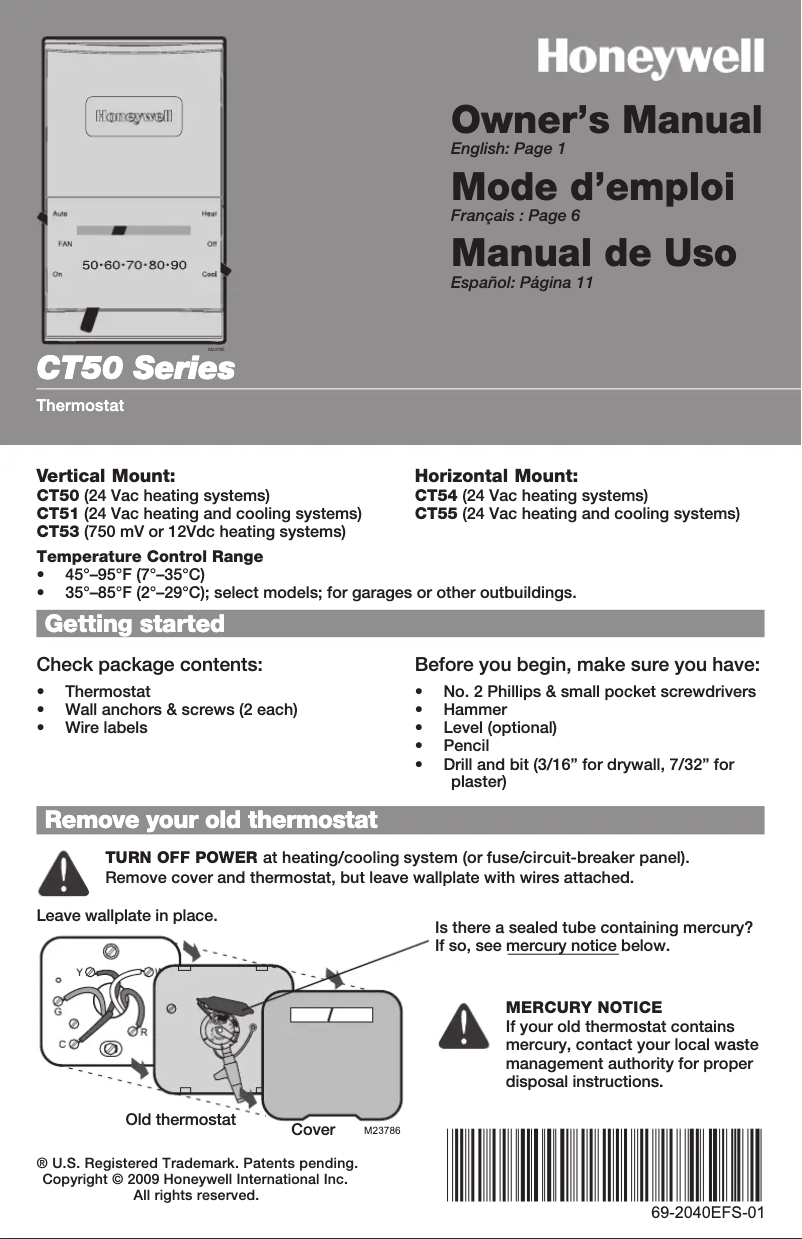 Page n°1 - Manuel utilisateur Honeywell CT50K1028