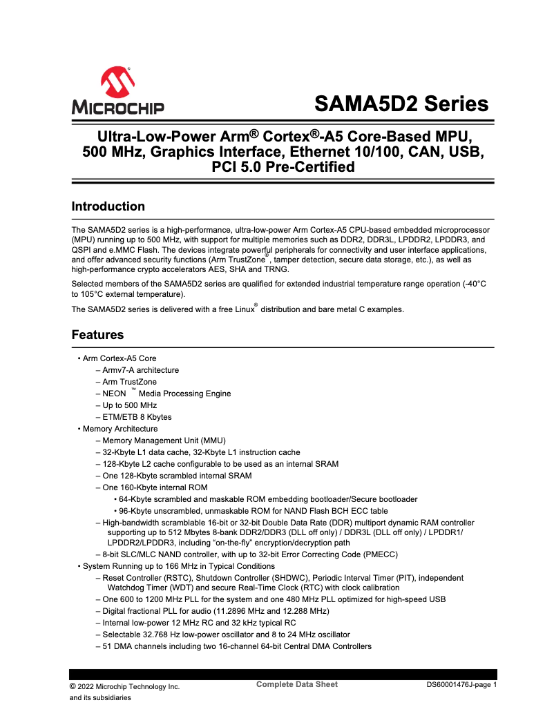 Página 1 del manual Ficha técnica Microchip ATSAMA5D28C-LD1G