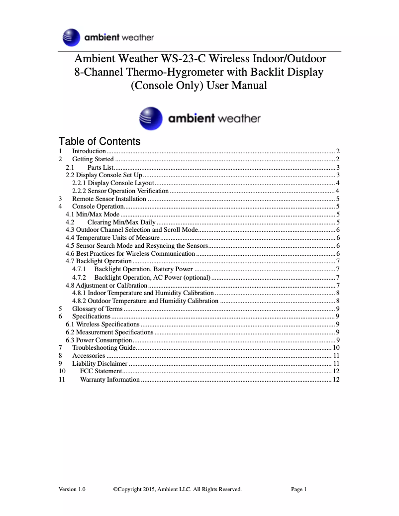 Image de la première page du manuel de l'appareil WS-23-C