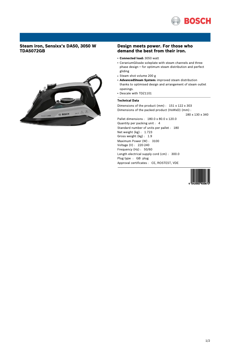 Page 1 de la notice Fiche technique Bosch TDA5072GB