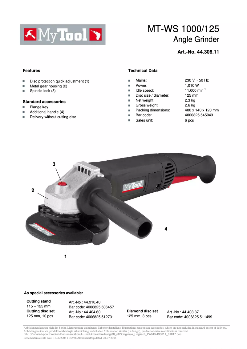 Page n°1 - Manuel utilisateur MyTool MT-WS 1000/125