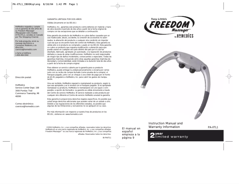 Page n°1 - Manuel utilisateur Homedics PAX-TL1
