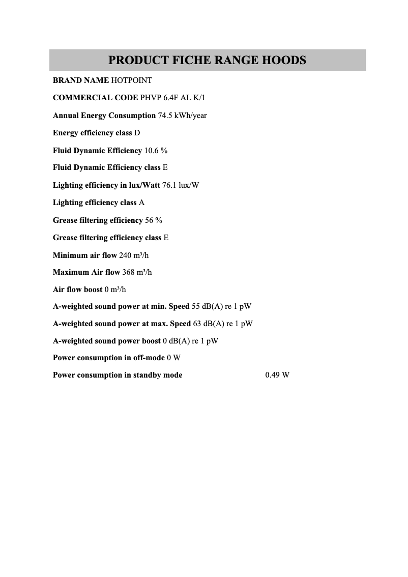 Page n°1 - Fiche technique Hotpoint PHVP 6.4F AL K/1
