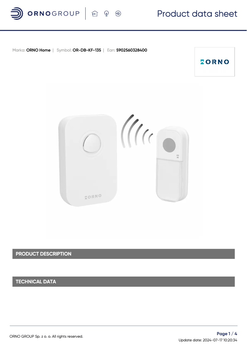 Page 1 de la notice Fiche technique ORNO OR-DB-KF-135