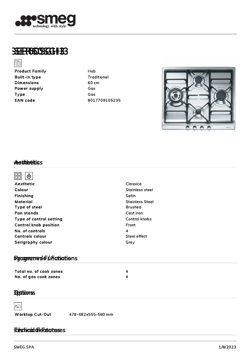 Page 1 de la notice Fiche technique Smeg SER60SGH3