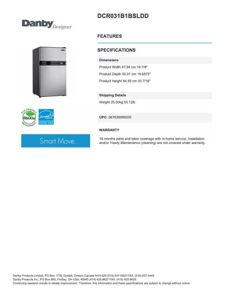 Page 1 de la notice Fiche technique Danby DCR031B1