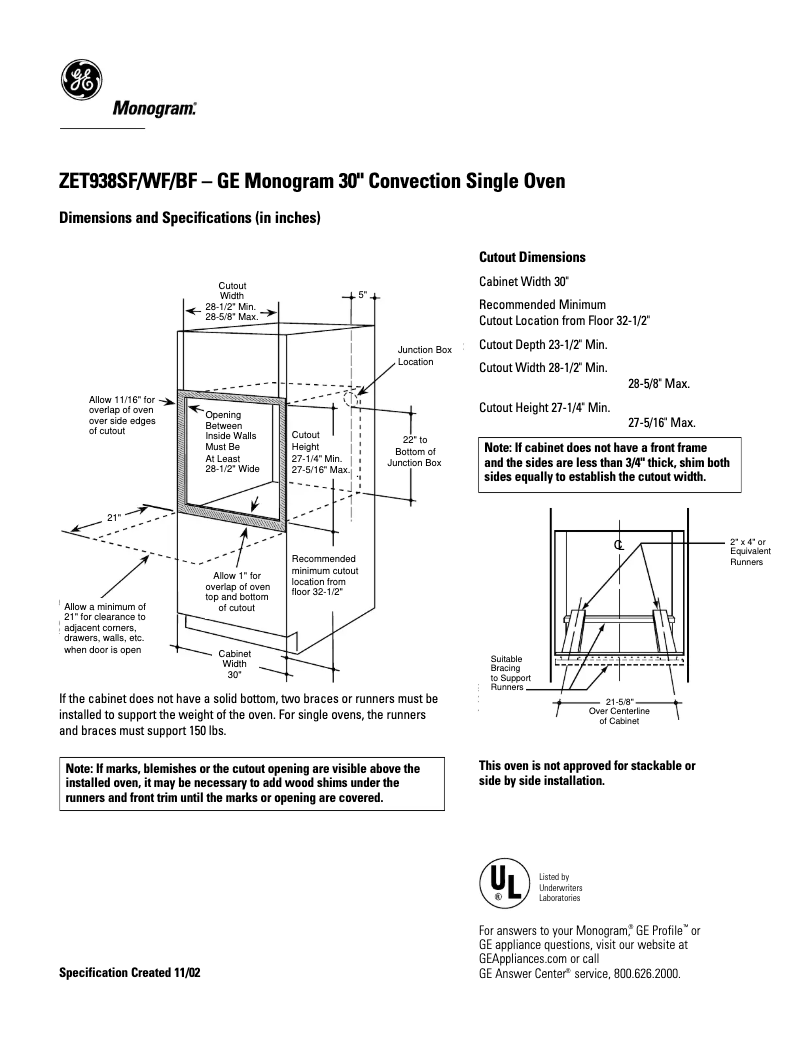 Page 1 de la notice Fiche technique GE ZET938SFSS