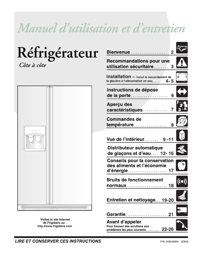 Page n°1 - Manuel utilisateur Frigidaire FRS26H7CW