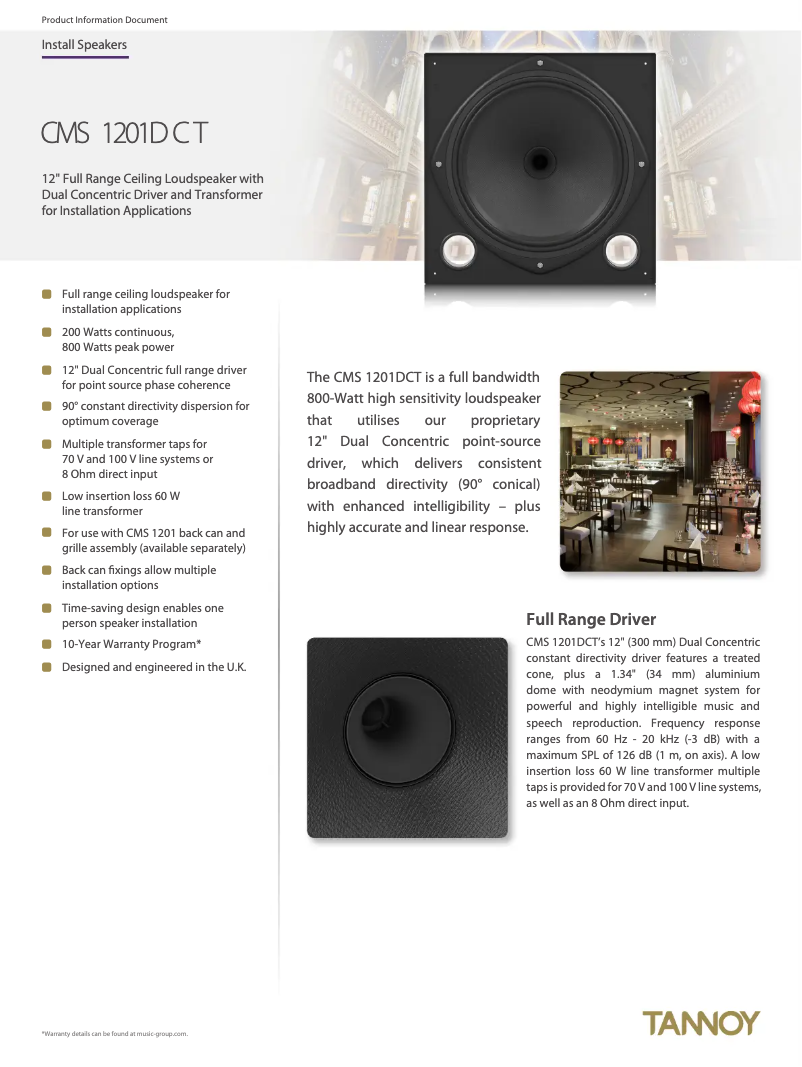 Page 1 de la notice Fiche technique Tannoy CMS 1201DCT