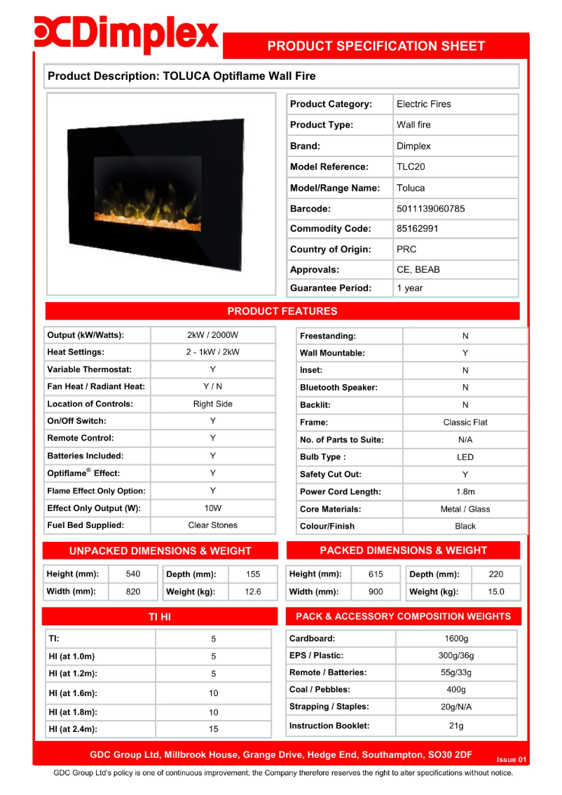 Page n°1 - Fiche technique Dimplex TLC20
