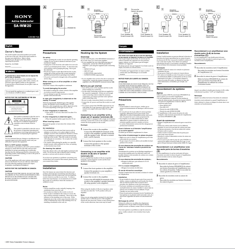 Page 1 de la notice Manuel utilisateur Sony SA-WM20