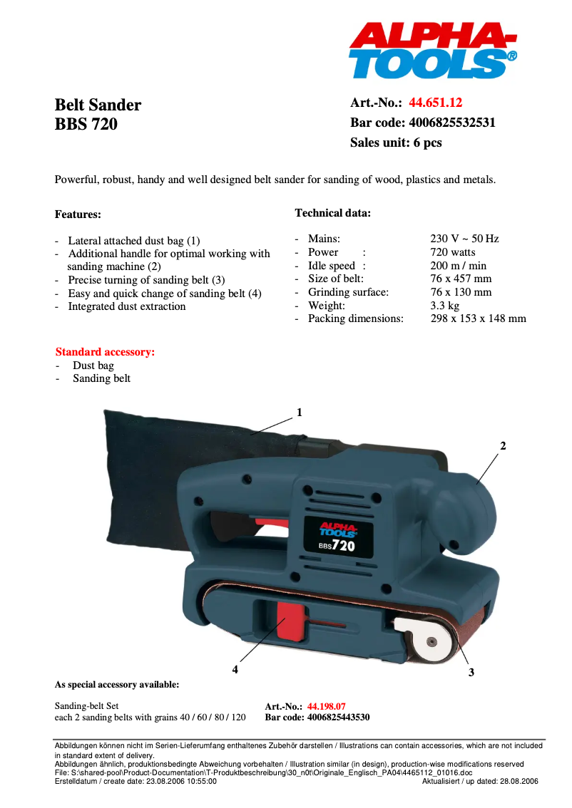 Page 1 de la notice Fiche technique Alpha Tools BBS 720