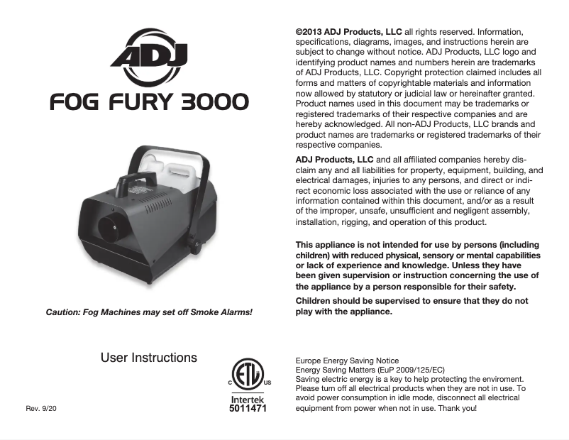 Page 1 de la notice Manuel utilisateur Adj Fog Fury 3000