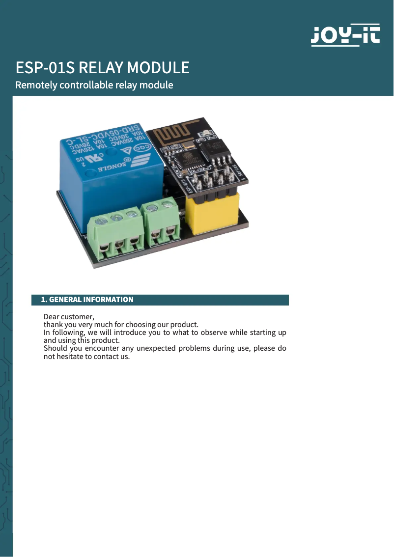 Page n°1 - Manuel utilisateur Joy-It SBC-ESP01-RM