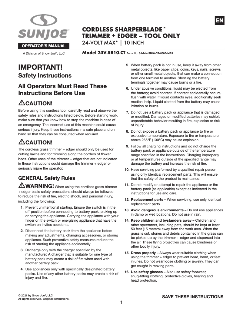 Page 1 de la notice Manuel utilisateur Sun Joe 24V-SB10-CT