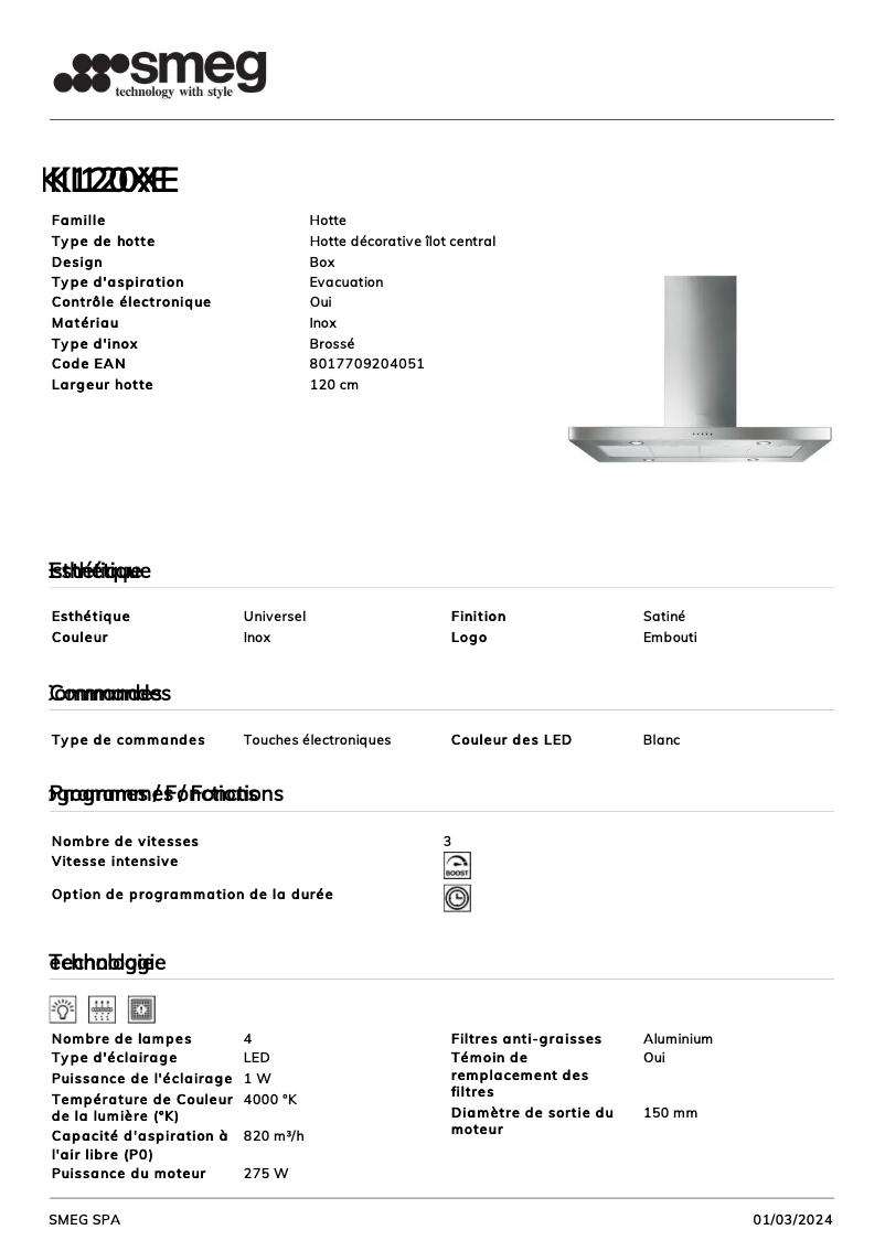 Page 1 de la notice Fiche technique Smeg KI120XE