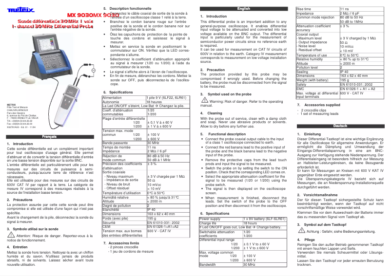 Page 1 de la notice Manuel utilisateur Metrix MX 9030
