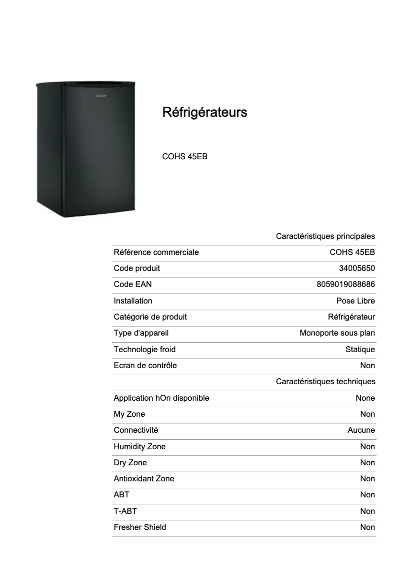 Page 1 de la notice Fiche technique Candy COHS 45EB