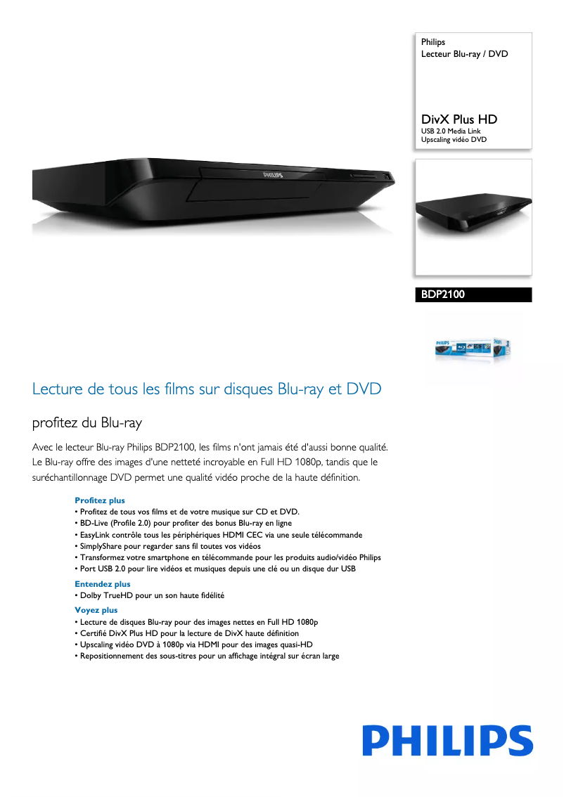 Page 1 de la notice Fiche technique Philips BDP2100