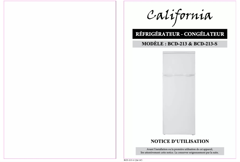 Page 1 de la notice Manuel utilisateur California BCD-213-S