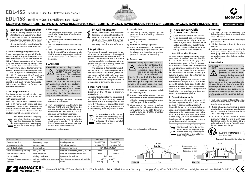 Page n°1 - Manuel utilisateur Monacor EDL-158
