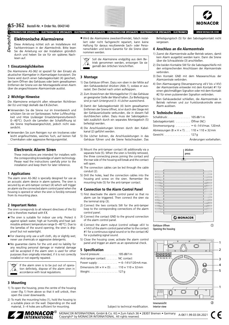 Page 1 de la notice Manuel utilisateur Monacor AS-362