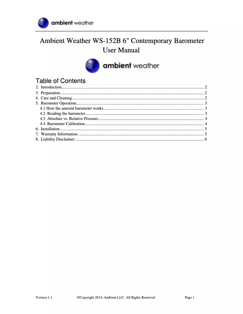 Image de la première page du manuel de l'appareil WS-152B