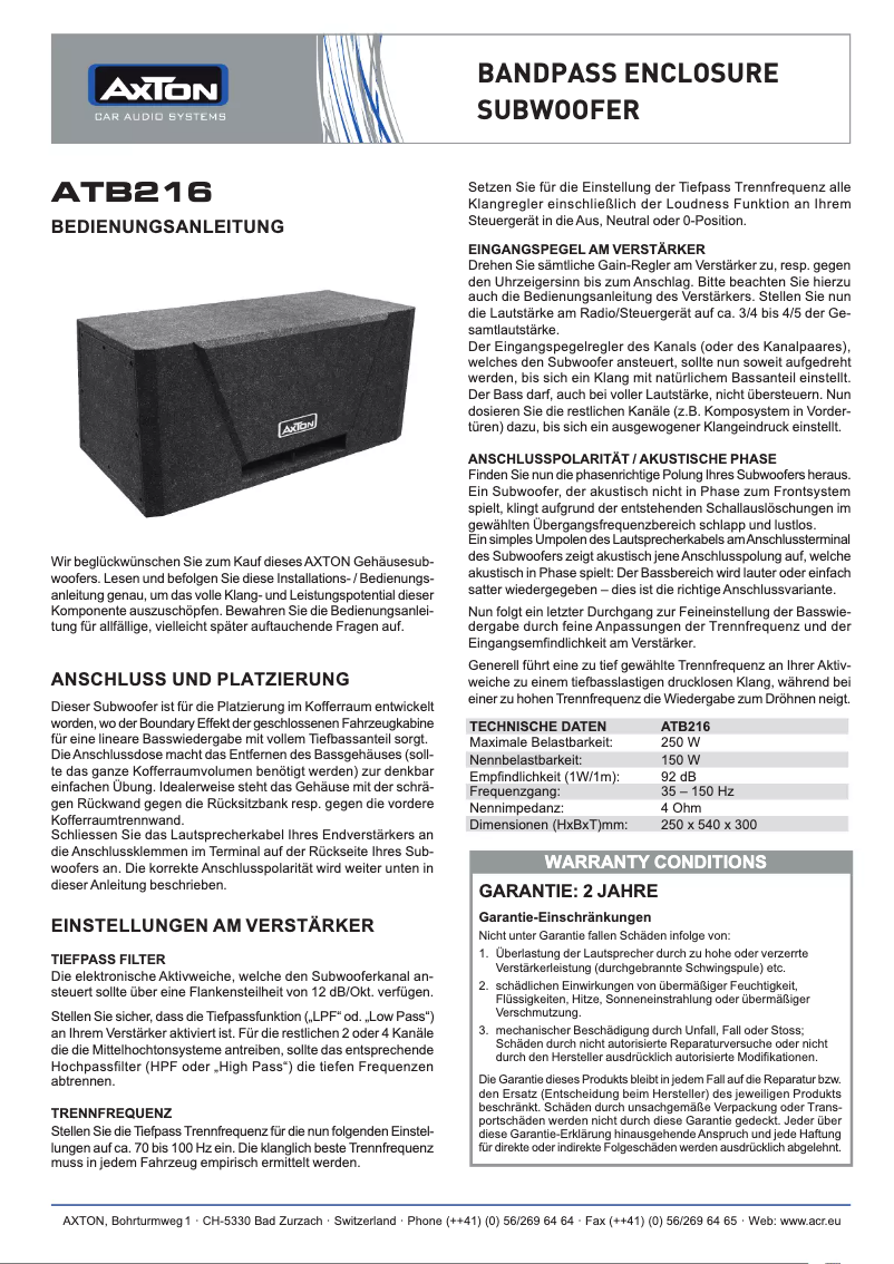 Page n°1 - Manuel utilisateur Axton ATB216