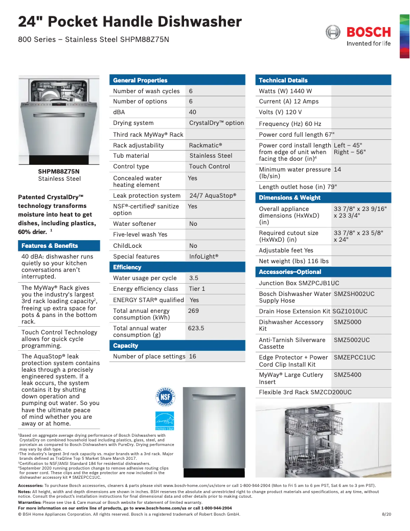 Page 1 de la notice Fiche technique Bosch SHPM88Z75N