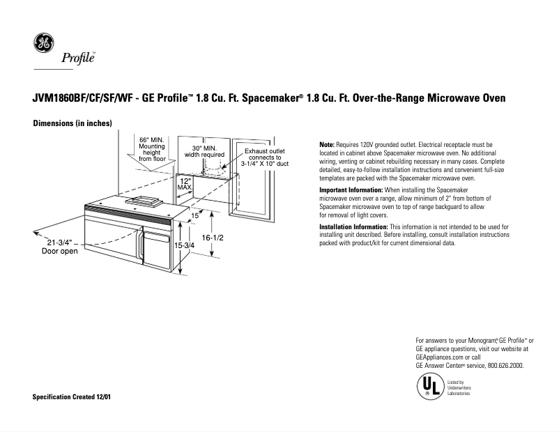 Page n°1 - Fiche technique GE JVM1860SD