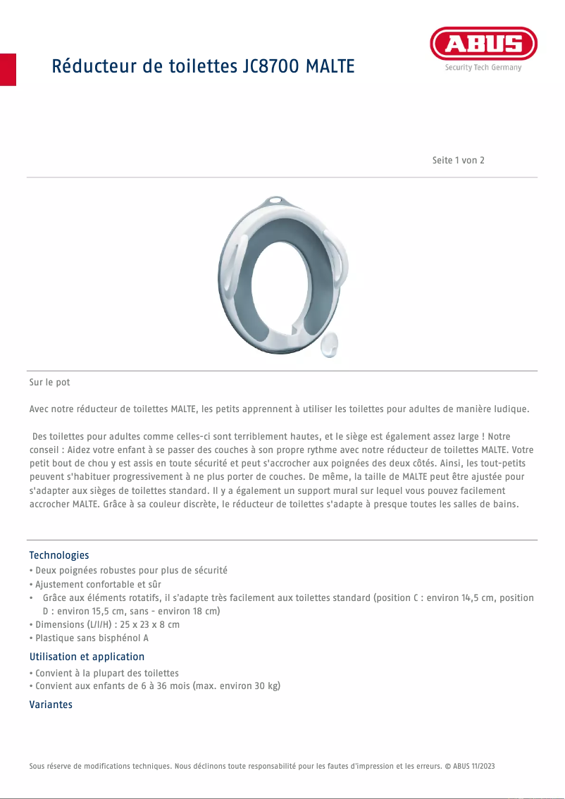 Page 1 de la notice Fiche technique Abus Malte JC8700