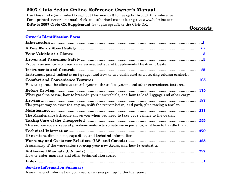 Page 1 de la notice Manuel utilisateur Honda Civic Si Sedan (2007)