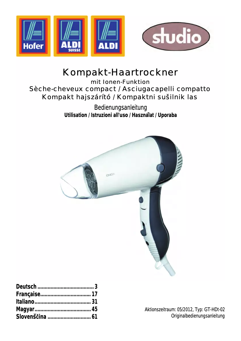 Page 1 de la notice Manuel utilisateur Studio GT-HDt-02