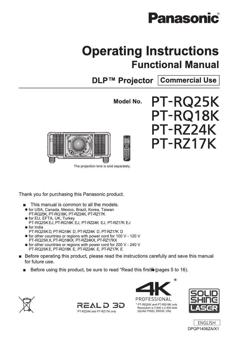 Page 1 de la notice Manuel utilisateur Panasonic PT-RQ18K