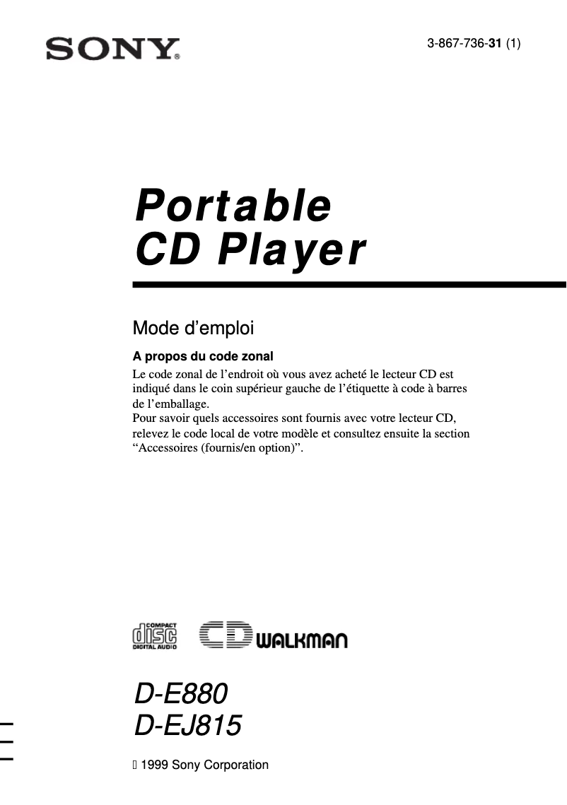 Image de la première page du manuel de l'appareil Discman D-EJ815